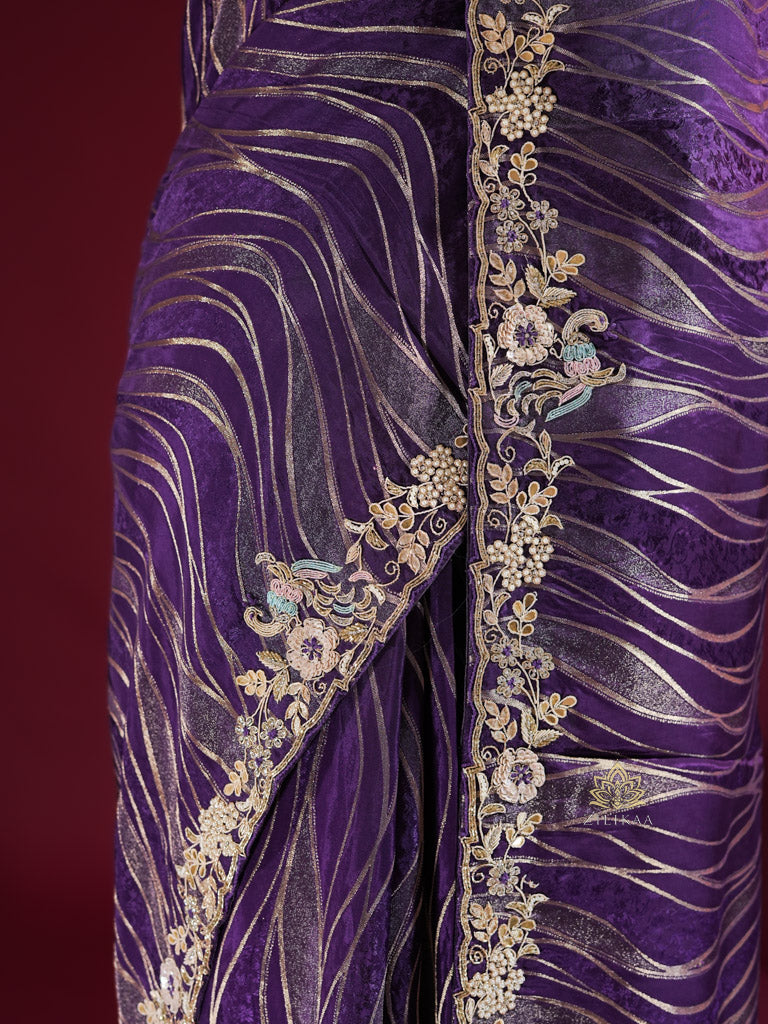 Plum Purple Munga Silk Saree with Zardozi Hand Embriodery