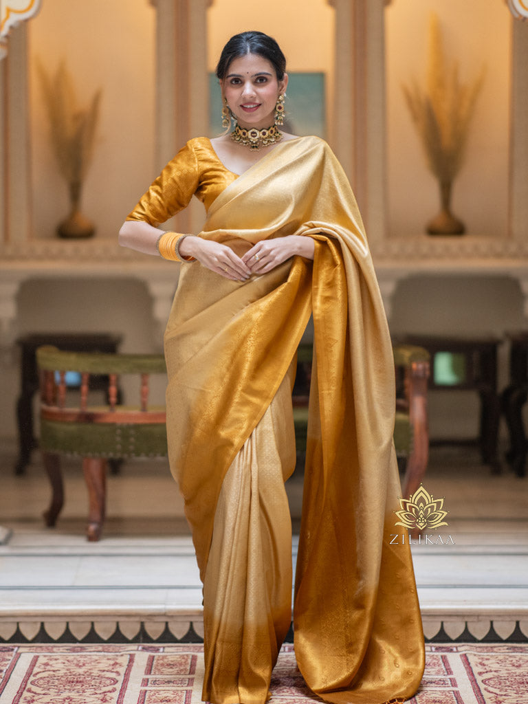 Ivory Golden Kanjeevaram Silk Saree