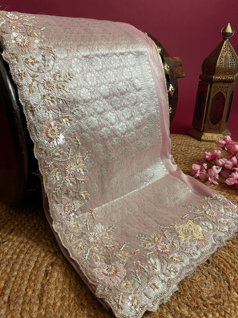 Pastel Pink Designer Hand Embroidery Rangkat Kanchi Tissue Silk Saree