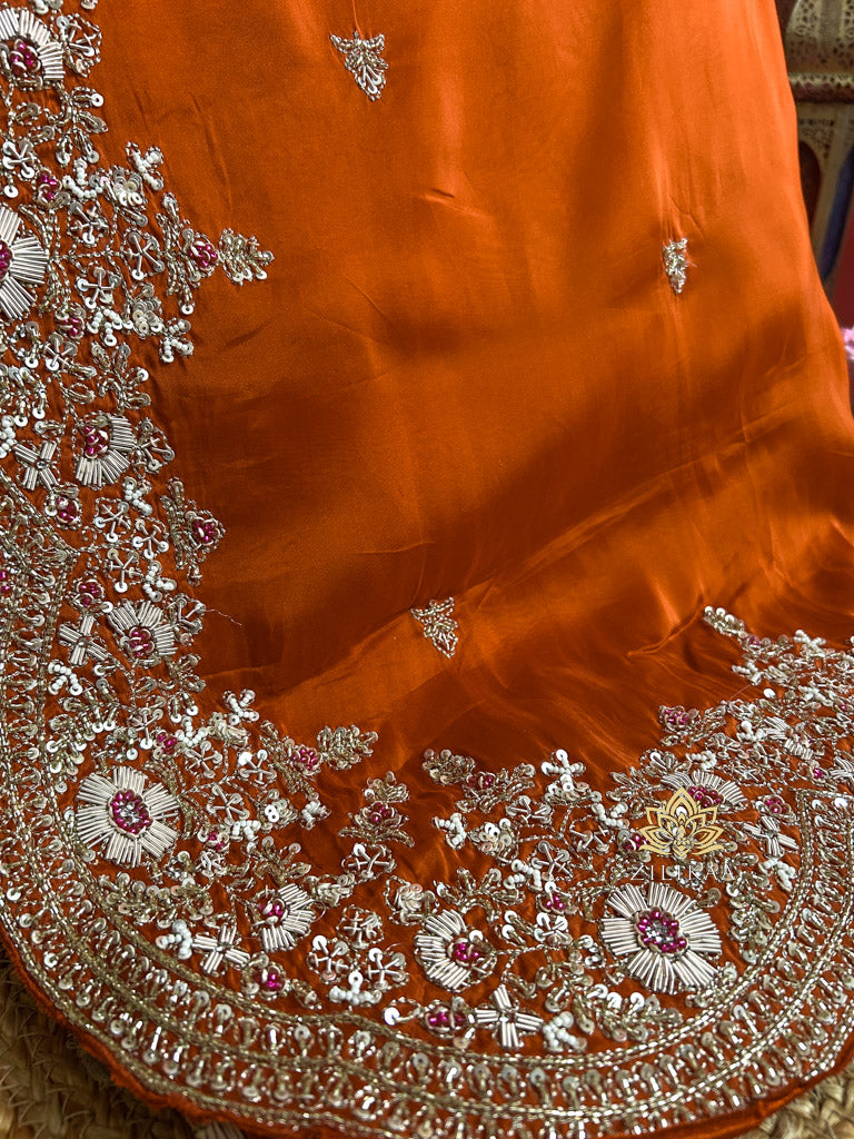 Rust Orange Munga Silk Saree with Designer Zardozi Handwork