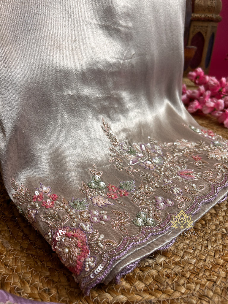 Lilac Purple Designer Hand Embroidery Kanchi Tissue Silk Saree