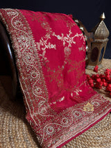 Calcutta Red Zardozi Handwork Mulberry Banarasi Silk Saree