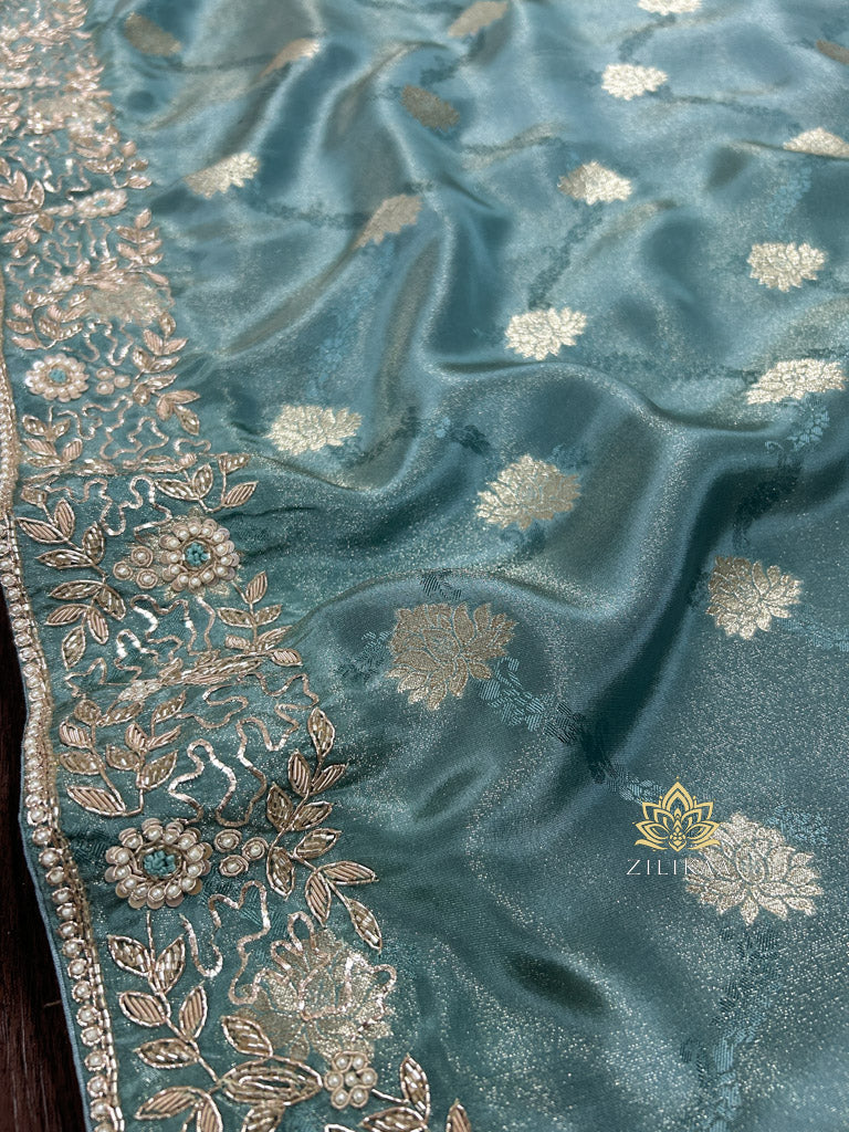 French Blue Tissue Silk Saree with Zardozi Pearl Handwork