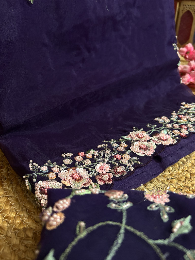 Eggplant Purple Hand Embroidery Organza Silk Saree