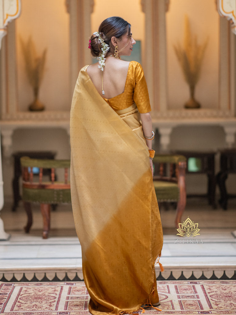 Ivory Golden Kanjeevaram Silk Saree