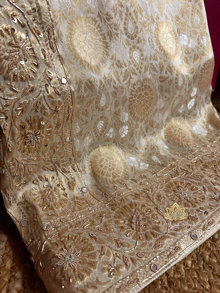 Ivory White Self Woven Kanchi Silk Saree with Zardozi Hand Embroidery