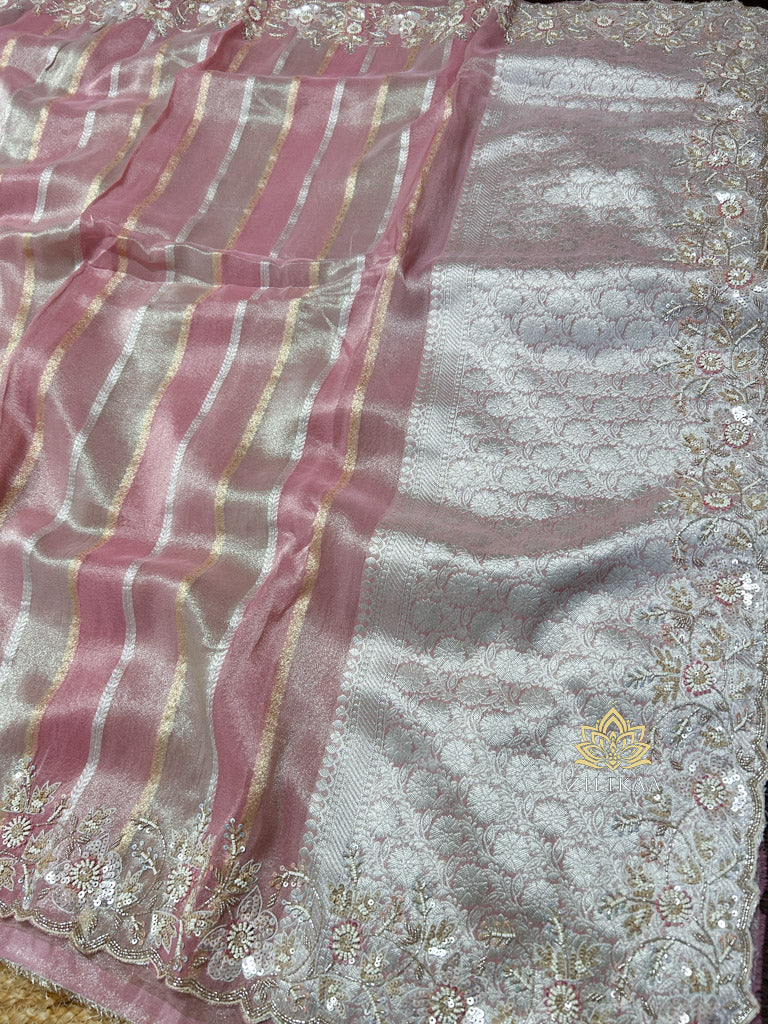 Pastel Pink Designer Hand Embroidery Rangkat Kanchi Tissue Silk Saree
