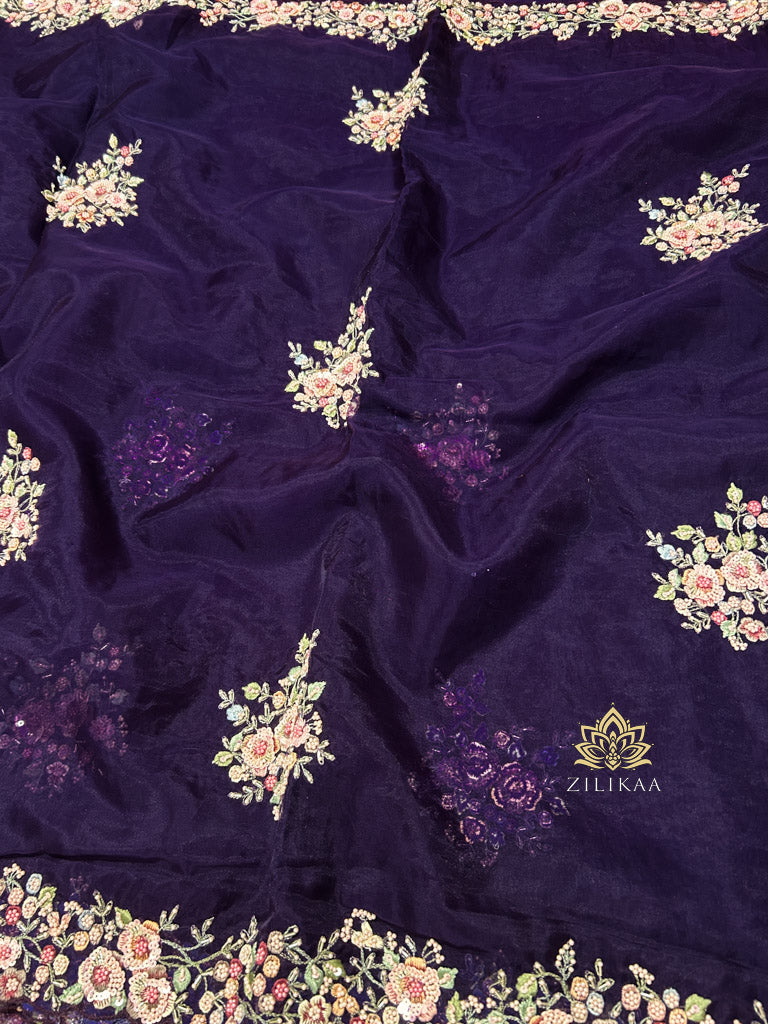 Eggplant Purple Hand Embroidery Organza Silk Saree
