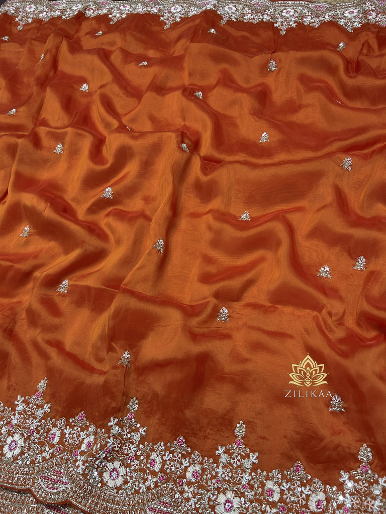 Rust Orange Munga Silk Saree with Designer Zardozi Handwork