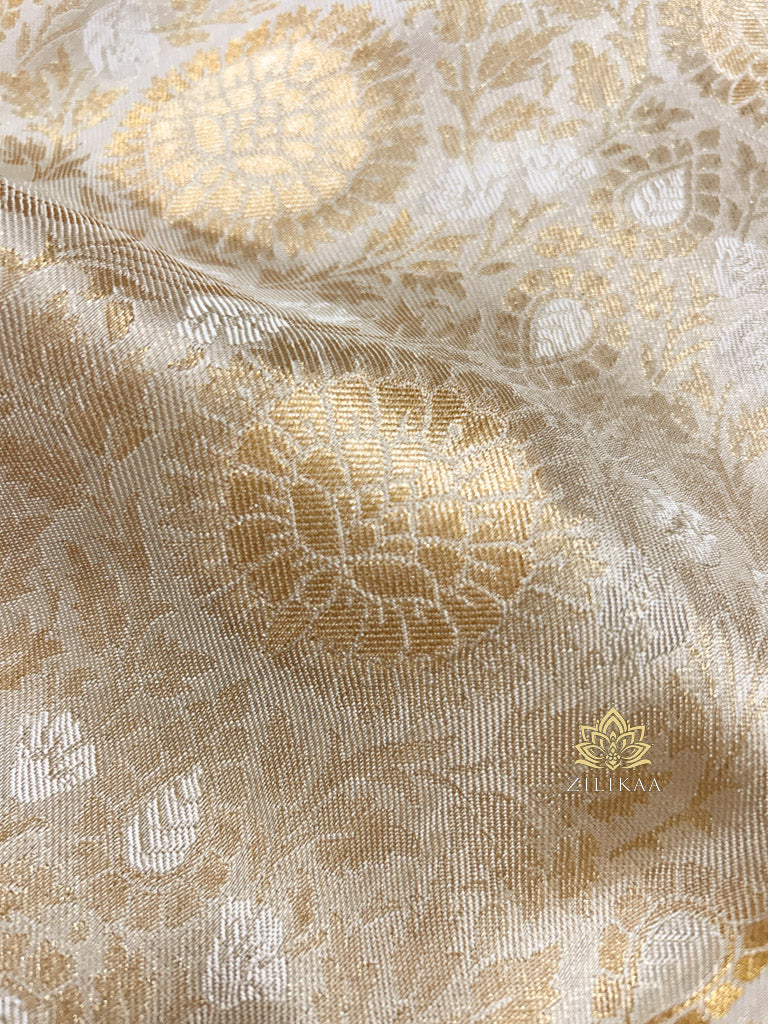 Ivory White Self Woven Kanchi Silk Saree with Zardozi Hand Embroidery
