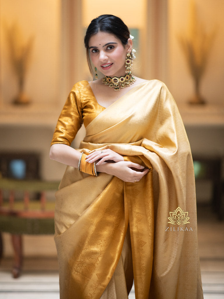 Ivory Golden Kanjeevaram Silk Saree