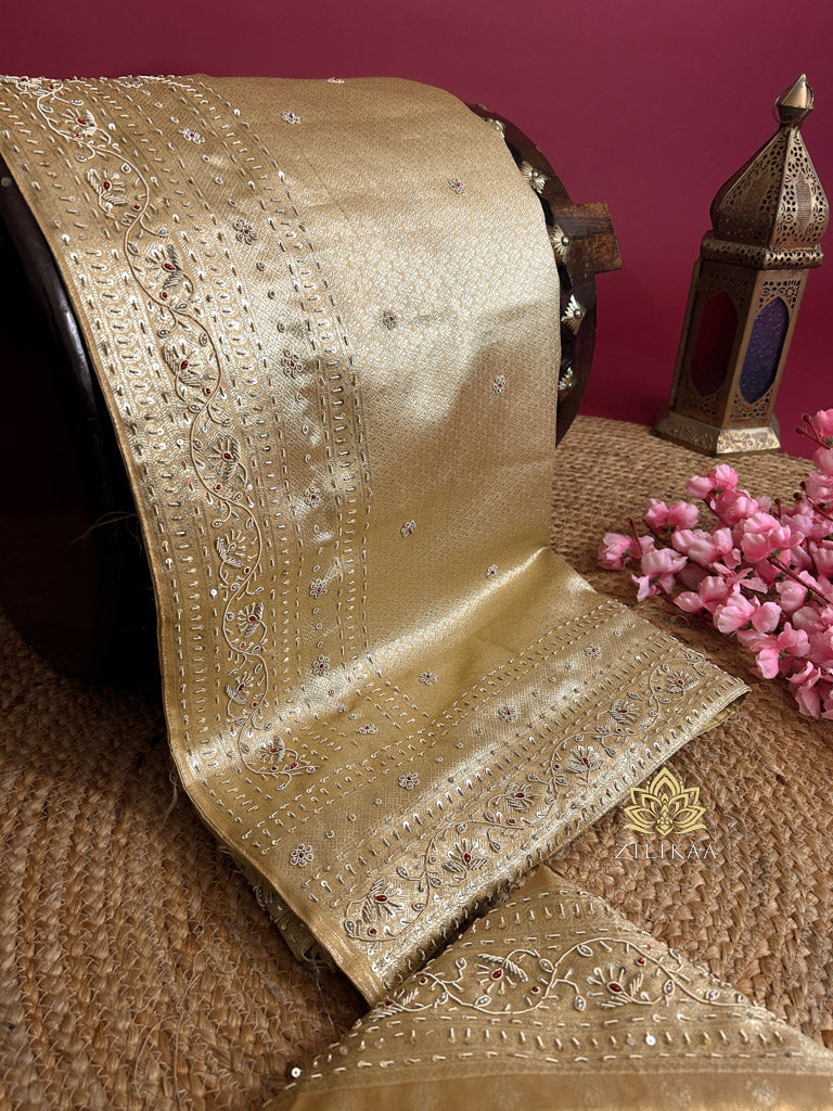 Ivory Gold Kanchipuram Tissue Silk Saree with Zardozi Hand Embroidery