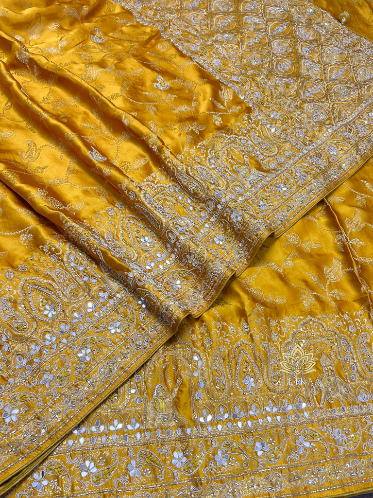 Mustard Yellow Zardozi Handwork Mulberry Banarasi Silk Saree