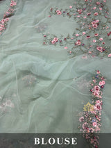 Ocean Green Hand Embroidery Organza Silk Saree