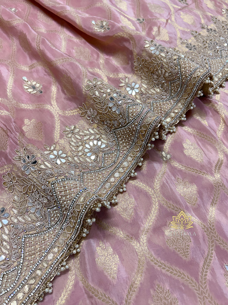 Baby Pink Zardozi Handwork Munga Banarasi SIlk Saree
