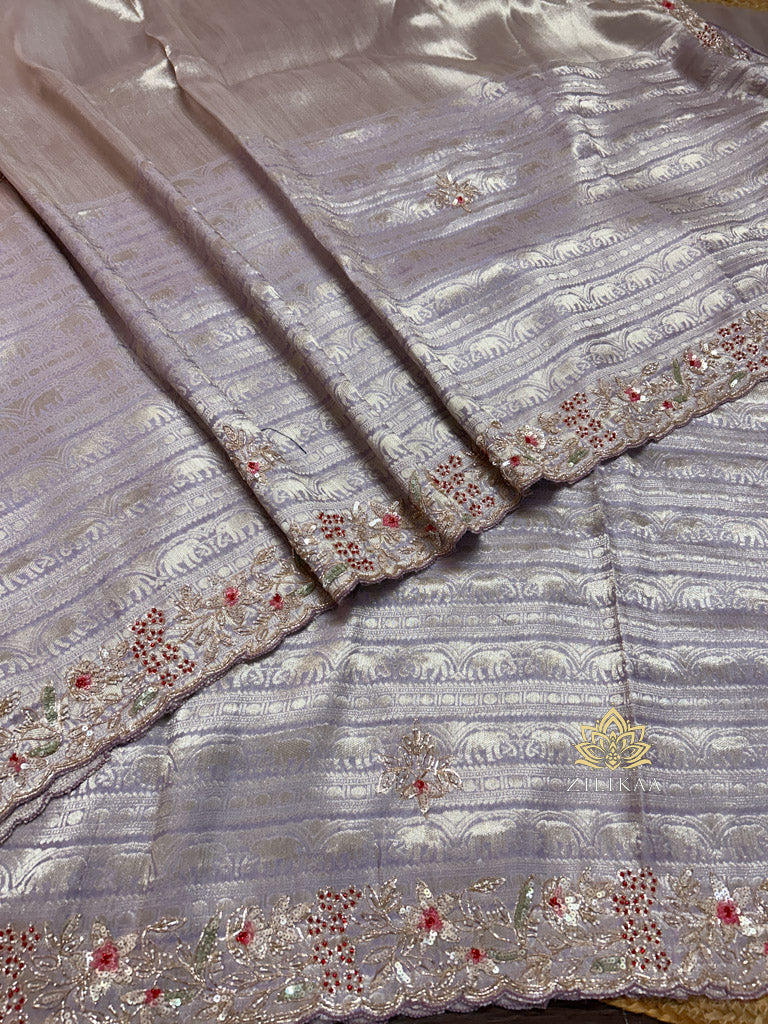 Lilac Purple Designer Hand Embroidery Kanchi Tissue Silk Saree