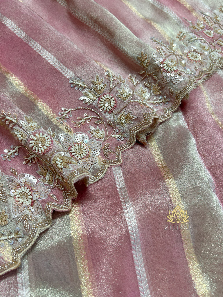 Pastel Pink Designer Hand Embroidery Rangkat Kanchi Tissue Silk Saree