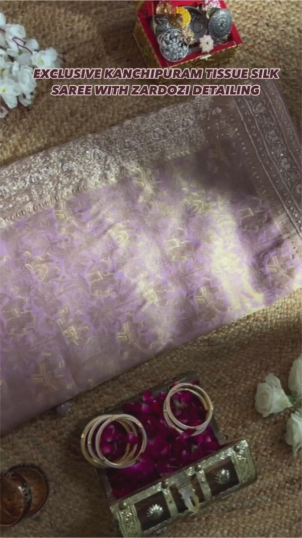 Lilac Special Kanchipuram Tissue Silk Saree with Zardozi Detailing Handwork