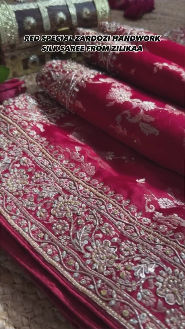 Calcutta Red Zardozi Handwork Mulberry Banarasi Silk Saree