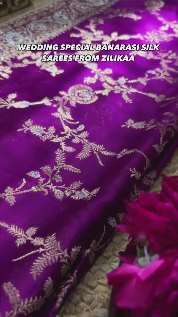 Plum Purple Zardozi Pearl Handwork Mulberry Banarasi Silk Saree