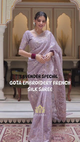 Lavender purple Gota Embroidery French Silk Saree