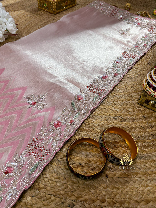 Baby Pink Soft Tissue Silk Saree With designer Sequins Handwork Border