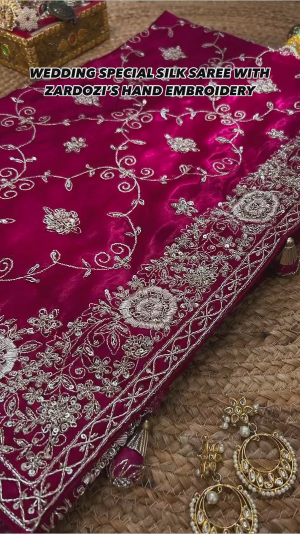 Maharani Pink Aari Zardozi Hand Embroidery Satin Silk Saree