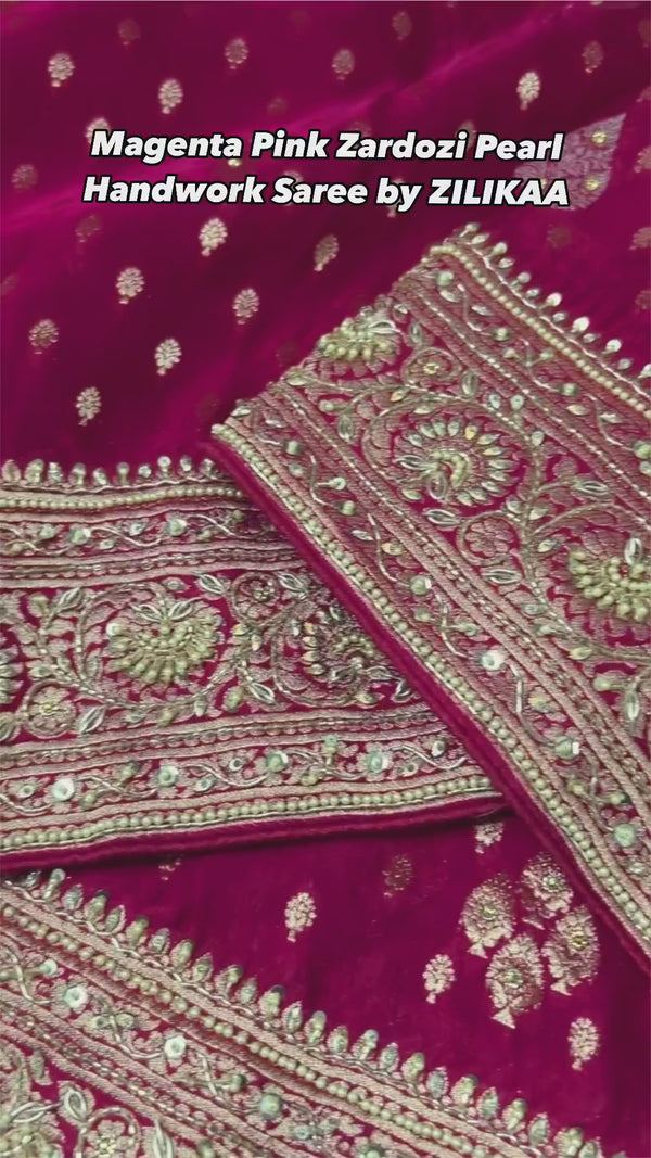 Magenta Pink Zardozi Pearl Handwork Mulberry Banarasi Silk Saree