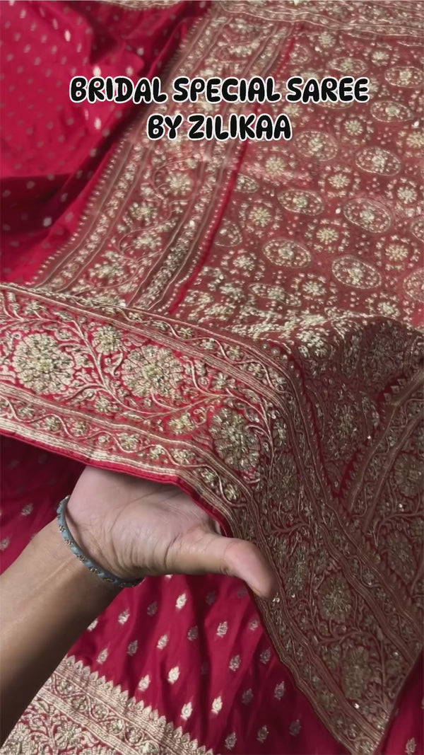 Crimson Red Zardozi Handwork Katan silk saree