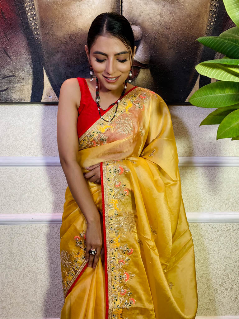 Canary yellow Organza Silk Saree