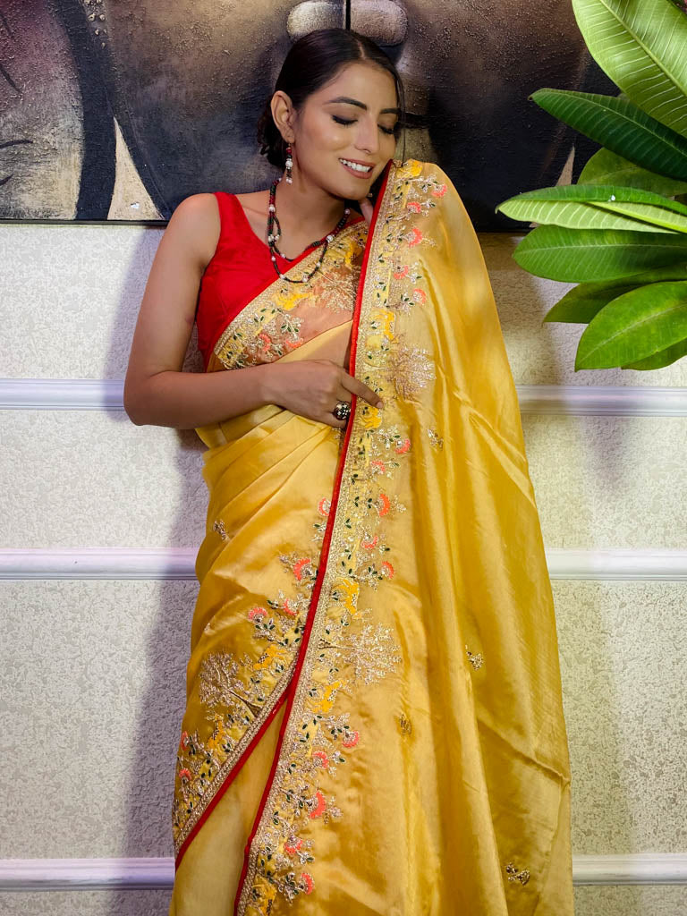 Canary yellow Organza Silk Saree