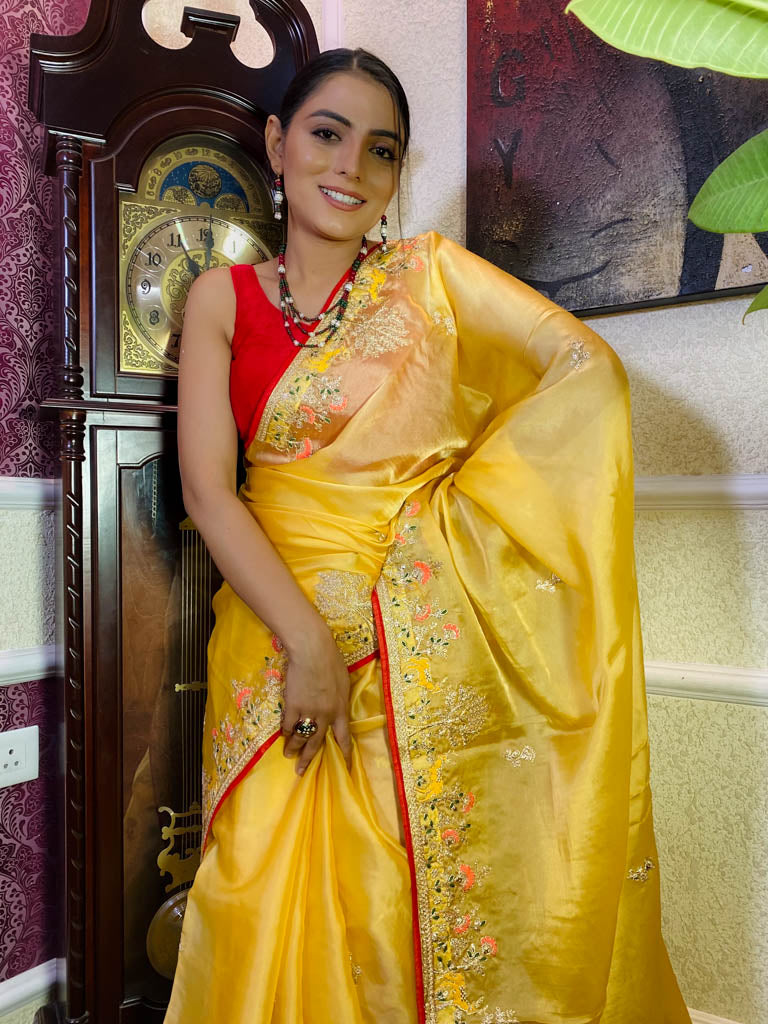 Canary yellow Organza Silk Saree