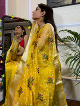 Canary Yellow Organza Silk Saree