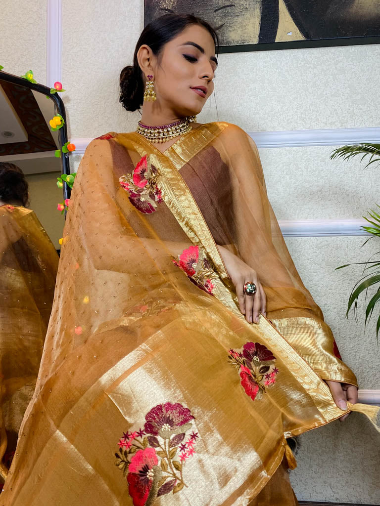 Peanut Brown Organza Silk Saree