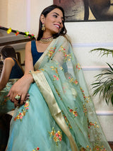 Teal Blue Organza Silk Saree