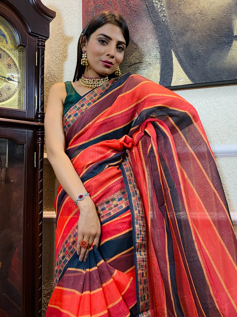 Red Black Linen Sequined Saree