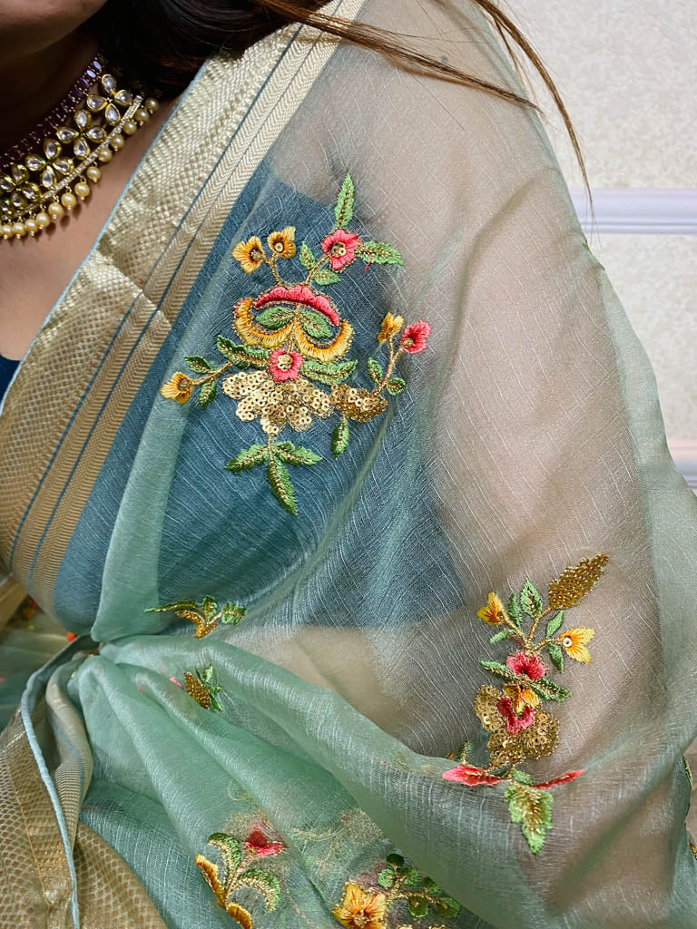 Teal Blue Organza Silk Saree