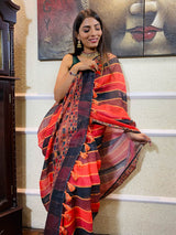 Red Black Linen Sequined Saree